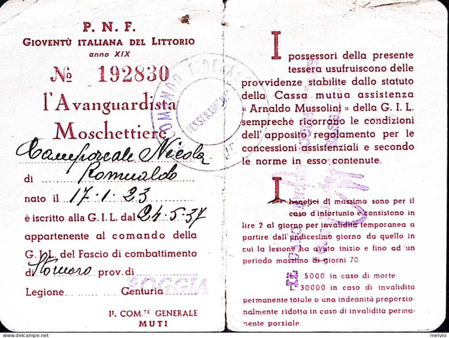1940-GIOVENTU' ITALIANA DEL LITTORIO XIX Tessera Di Rinnovo, Senza Fotografia, S - Mitgliedskarten