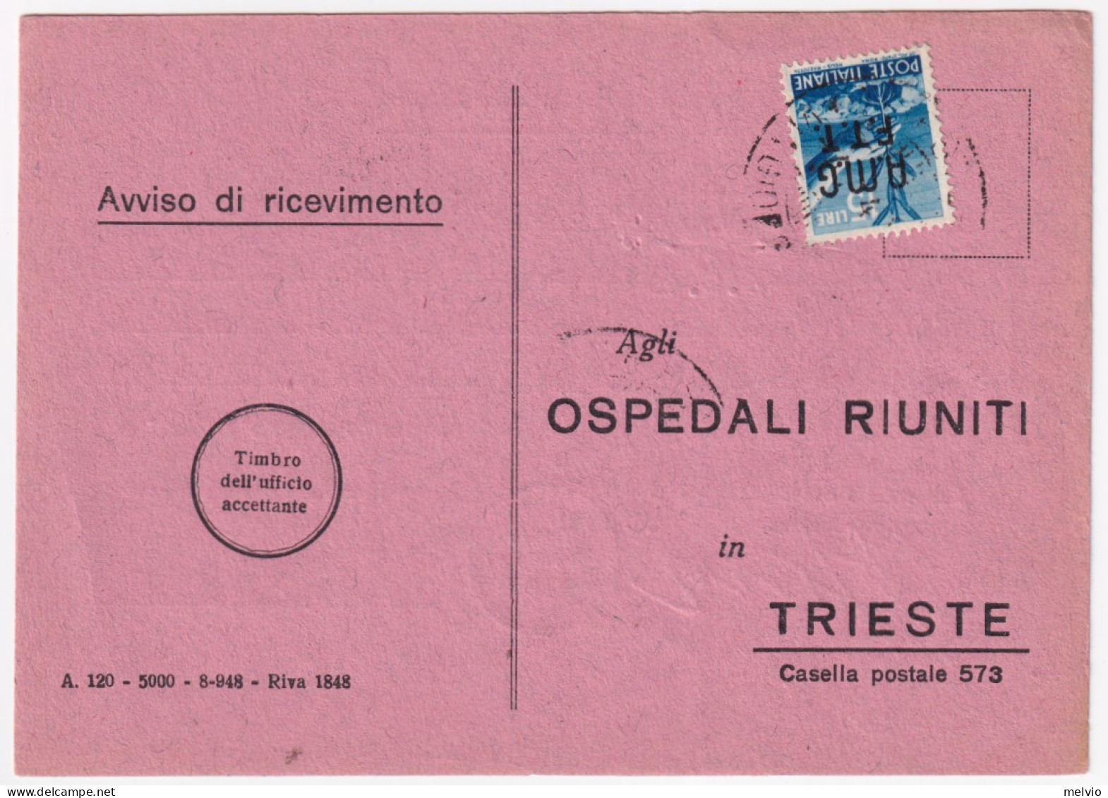 1949-AMG-FTT Democratica Sopr. Lire 15 Su Avviso Ricevimento - Marcophilie