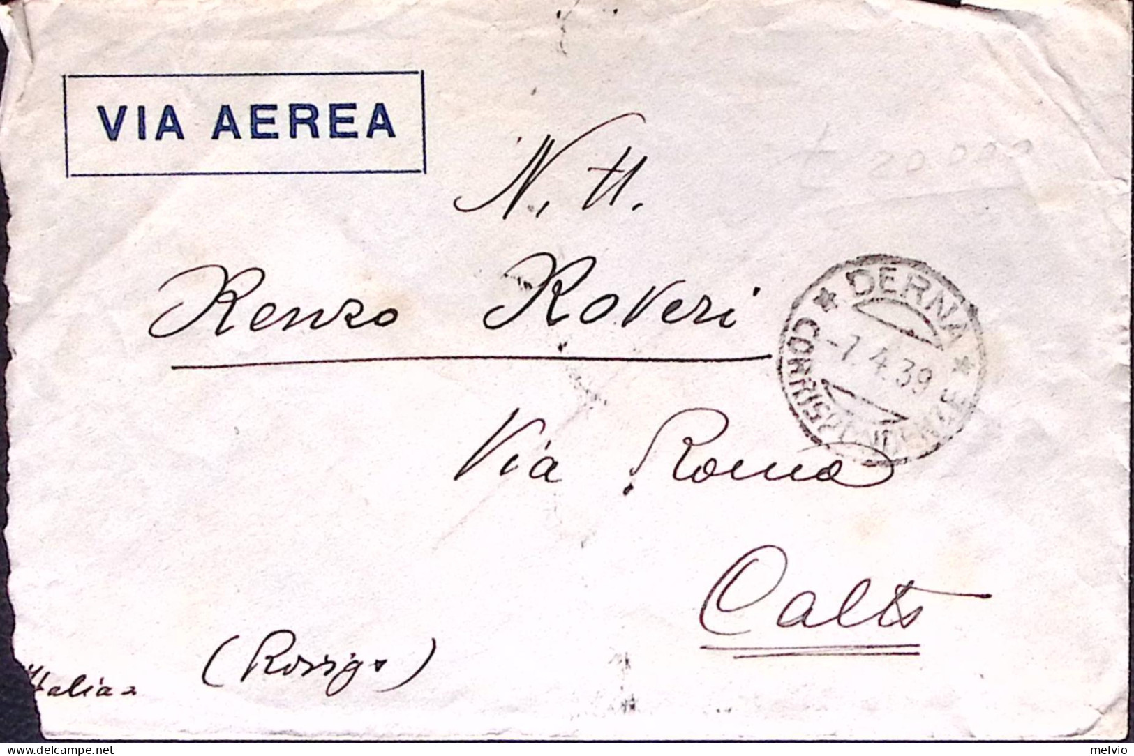 1939-PA Cirenaica Sopr.c.50 + Ordinaria C.50 Al Verso Di Busta Via Aerea Derna ( - Cirenaica