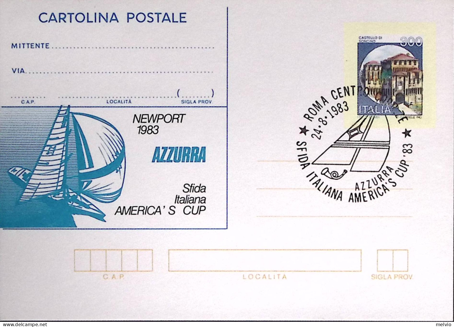 1983-AMERICA'S CUP AZZURRA Cartolina Postale Lire 300 Soprastampa IPZS Annullo S - Stamped Stationery