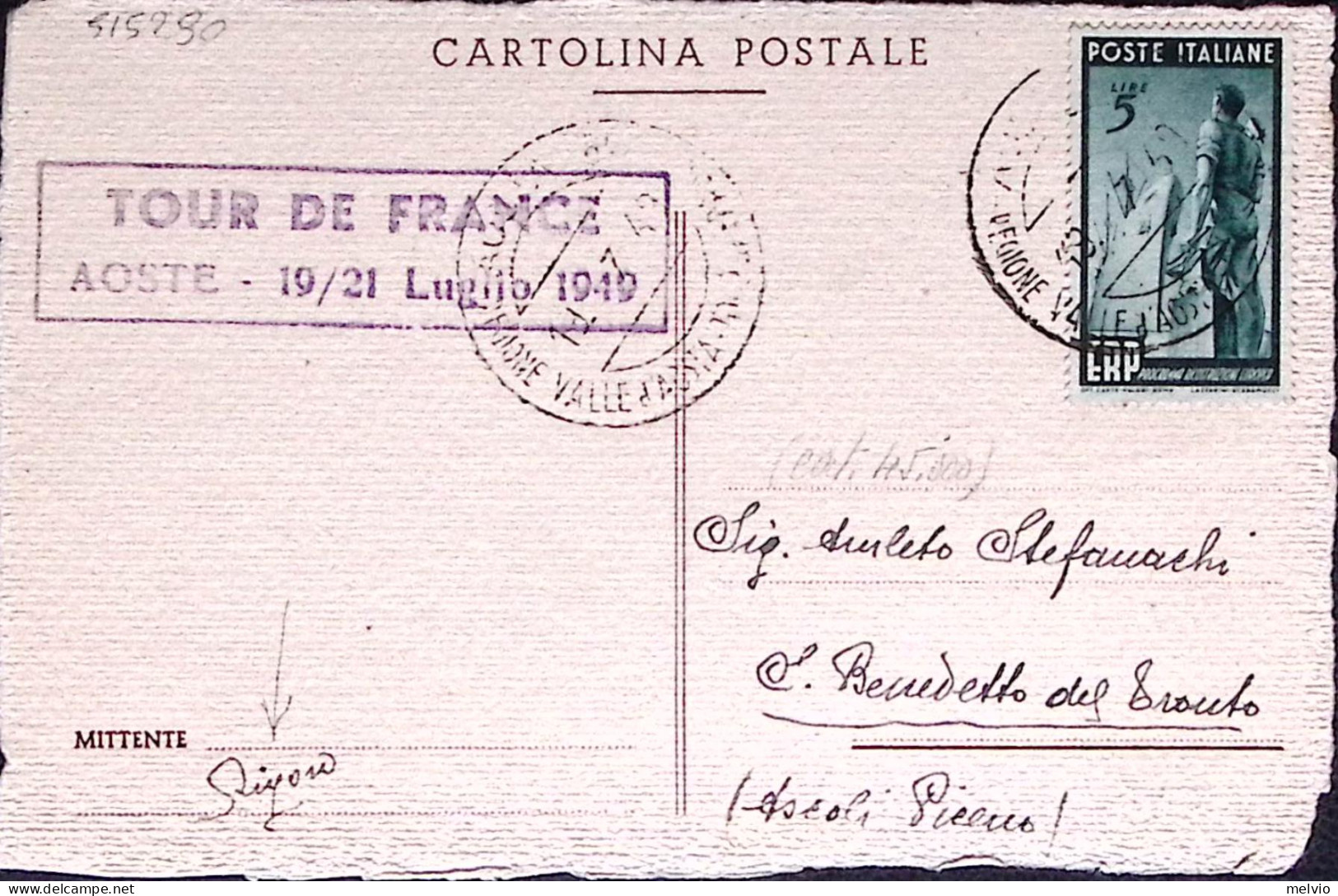 1949-ERP Lire 5 Isolato Su Cartolina Con Lineare Tour De France Aoste (18.7) - 1946-60: Storia Postale