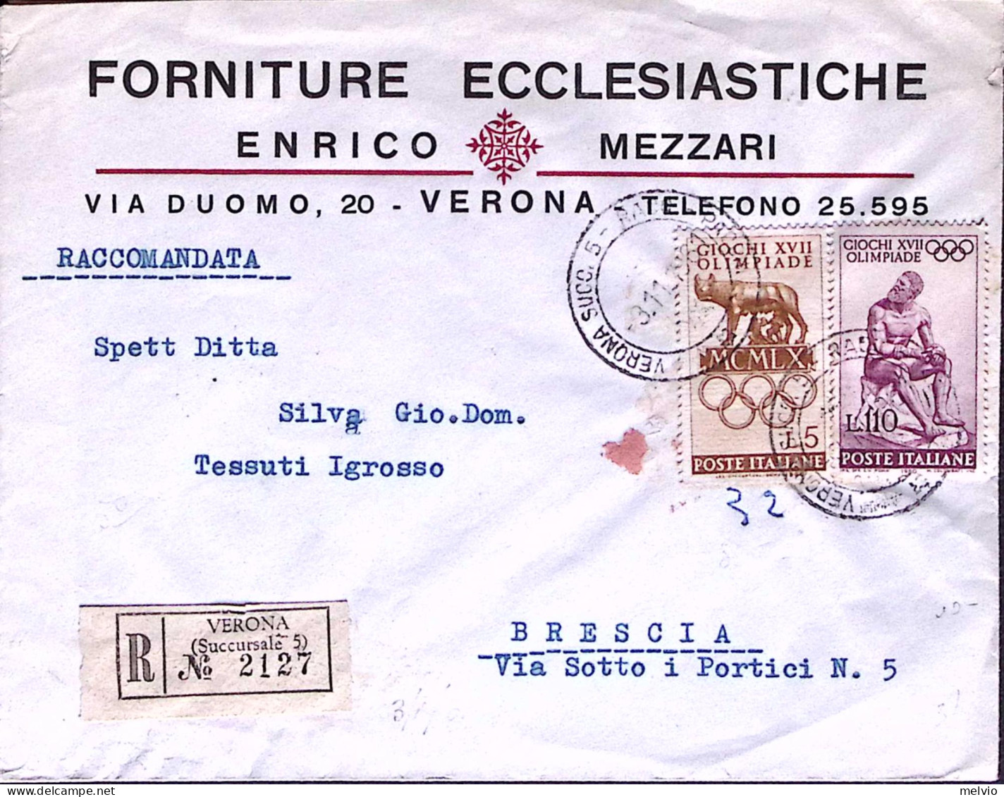 1961-OLIMPICA Lire 5 E 110 Su Raccomandata Verona (3.11) - 1961-70: Marcophilie