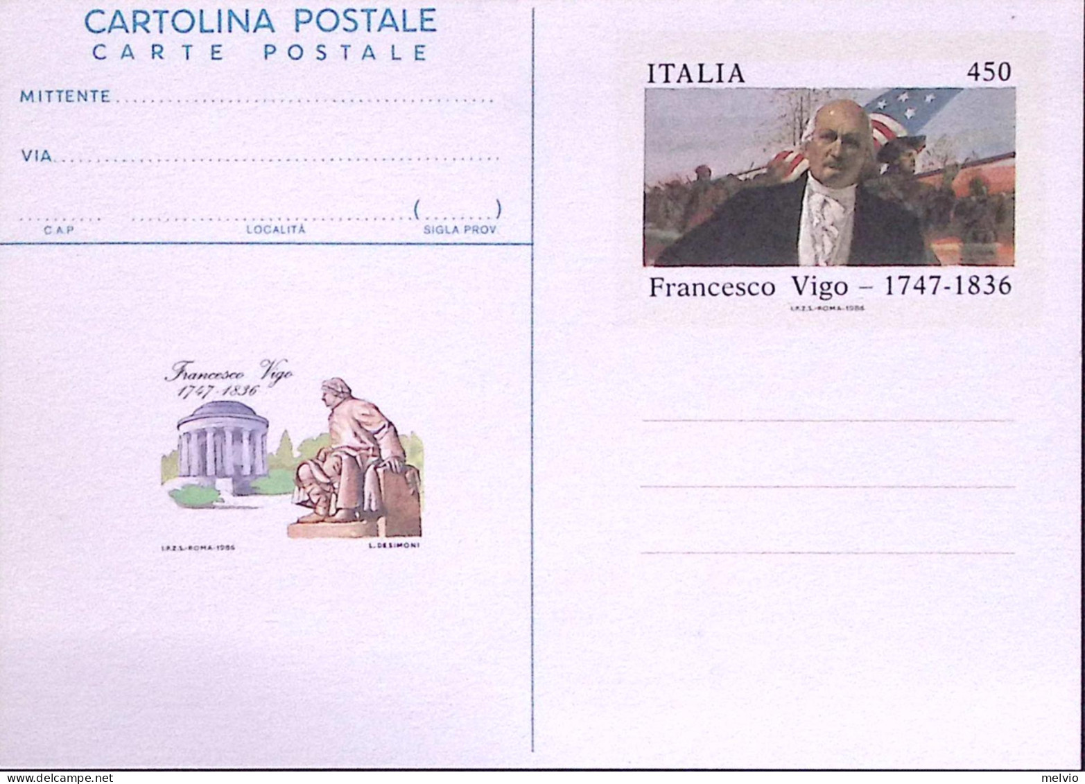 1986-Cartolina Postale Lire 450 Francesco Vigo Nuova - Ganzsachen