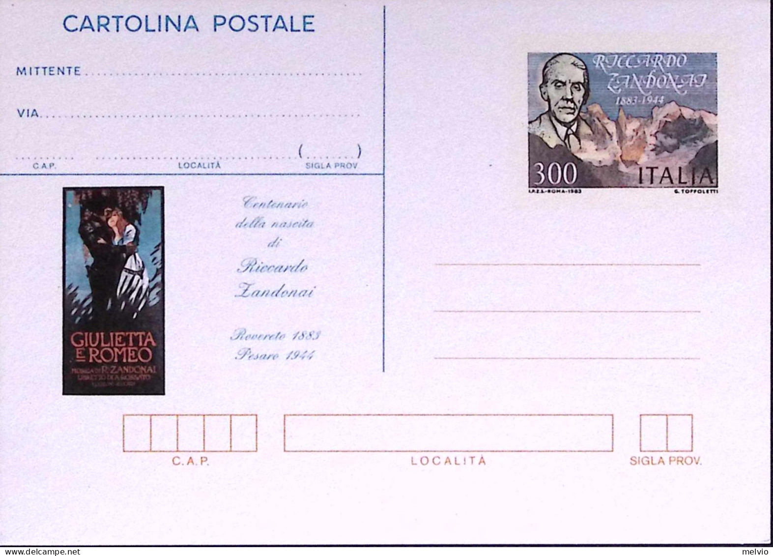 1983-Cartolina Postale Lire 300 Nascita Zandonai Nuova - Stamped Stationery