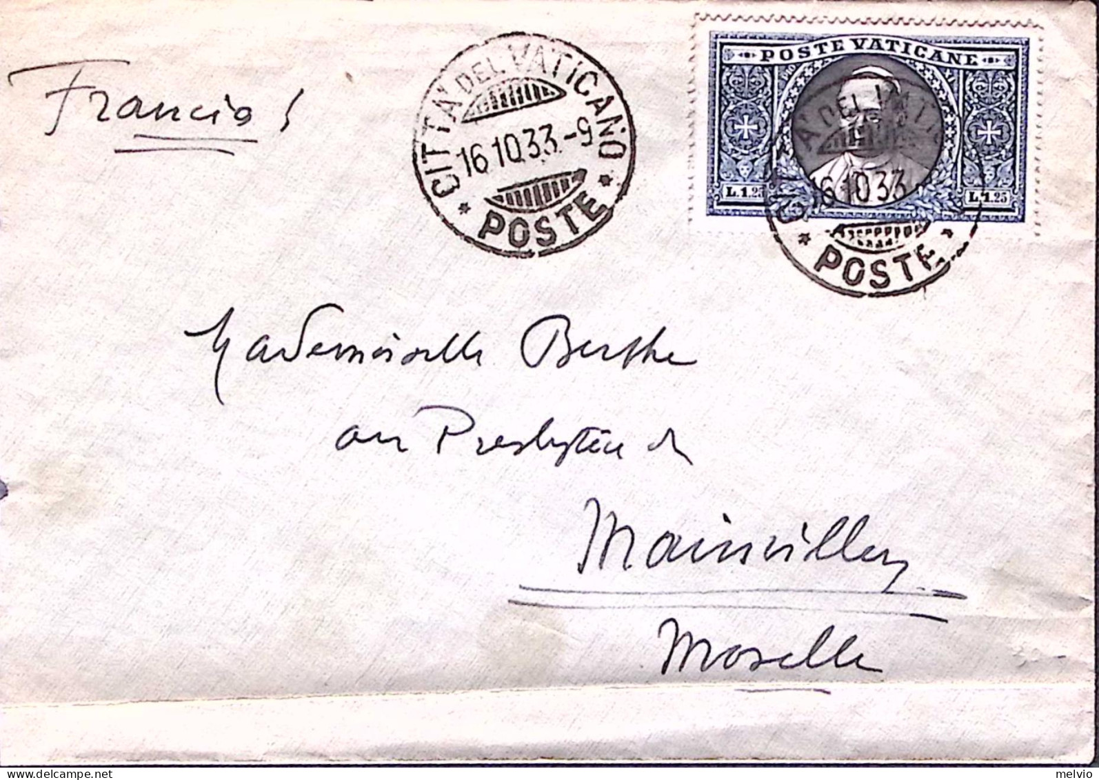 1933-VATICANO Medaglioni Lire 1,25 Isolato Su Busta (16.10) Per La Francia - Other & Unclassified