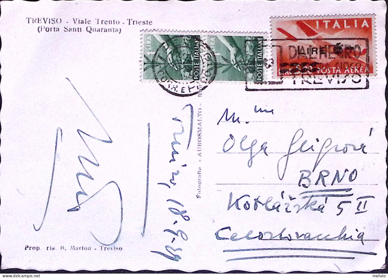 1949-Posta Aerea Sopr.lire 6/3,20 + Democratica Coppia Lire 1 Su Cartolina Trevi - Treviso