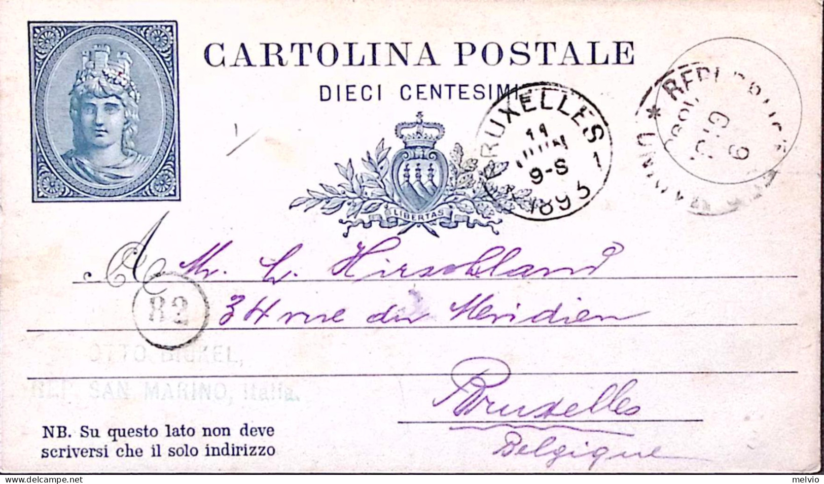 1893-SAN MARINO Cartolina Postale C.10 Viaggiata (10.6) Per Il Belgio - Ganzsachen