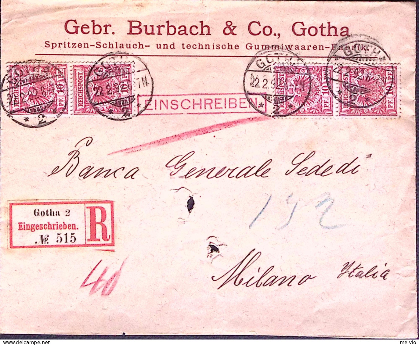 1892-GERMANIA Aquila Due Coppie P.10 Su Raccomandata Gotha (22.2) Per L'Italia,  - Covers & Documents