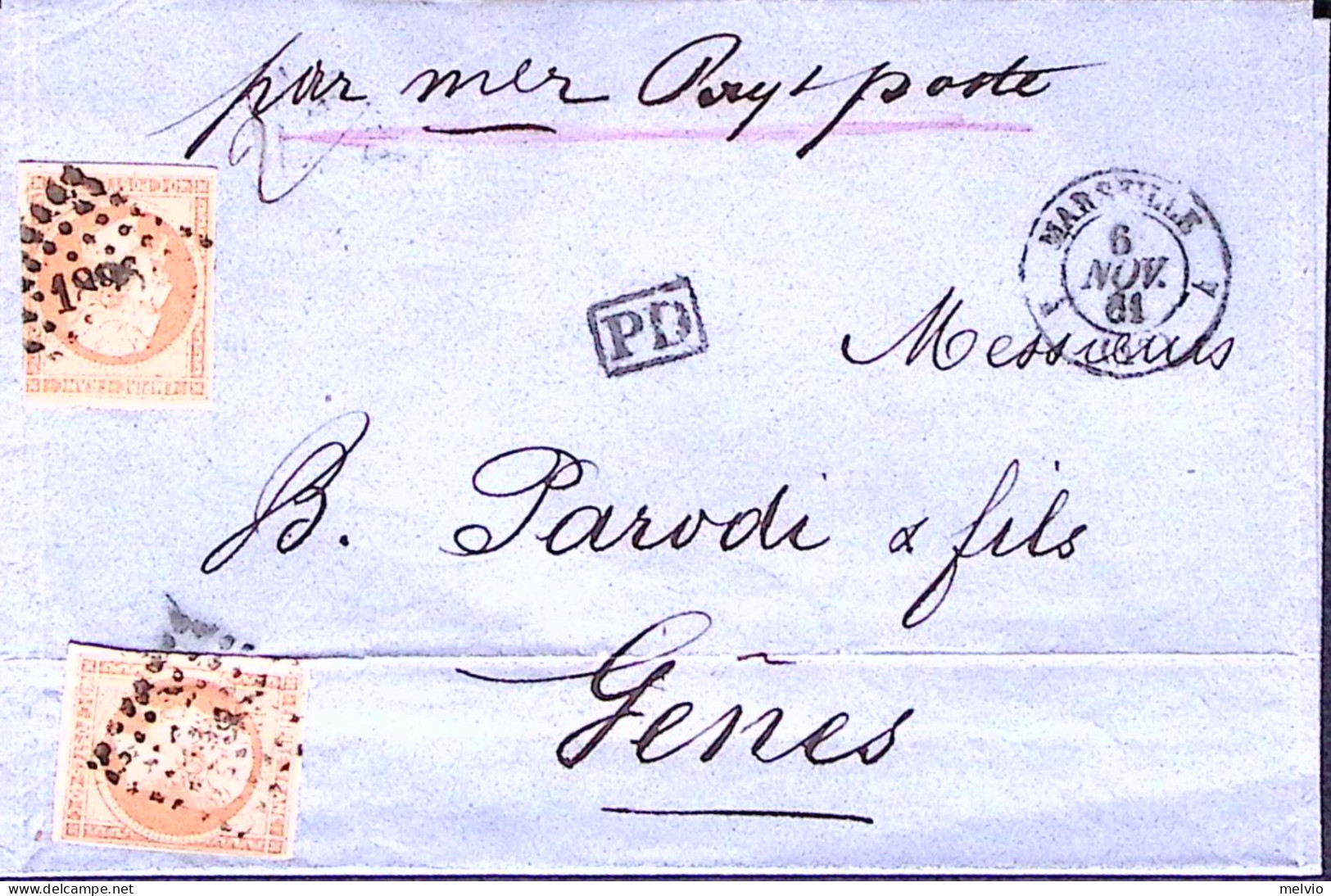 1861-Francia Par Vapeur Poste Manoscritto Su Soprascritta Affrancata Due C.40 Pa - 1853-1860 Napoléon III