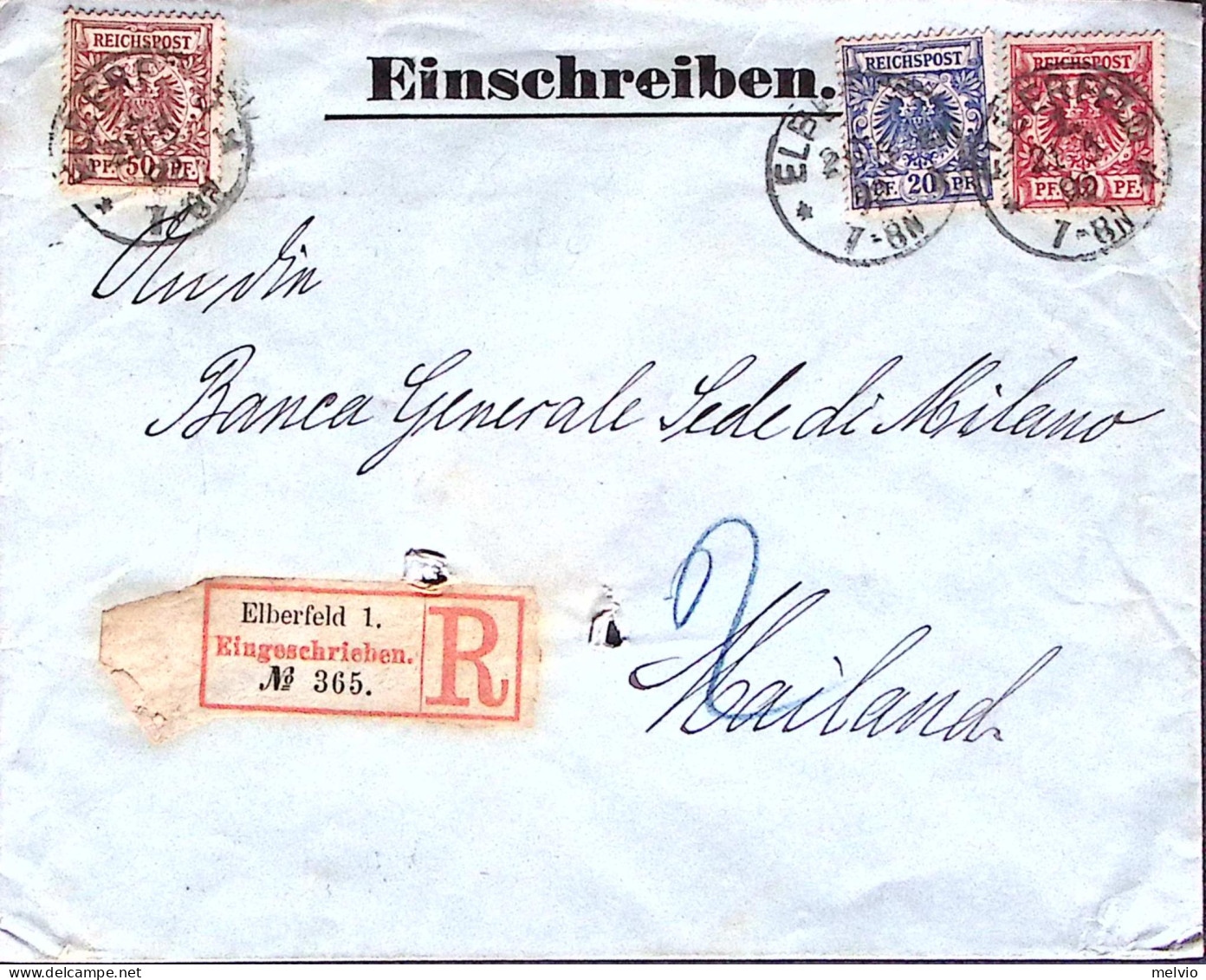 1892-GERMANIA Aquila P.10, 20 E 50 Su Raccomandata Elberfeld Per L'Italia - Covers & Documents