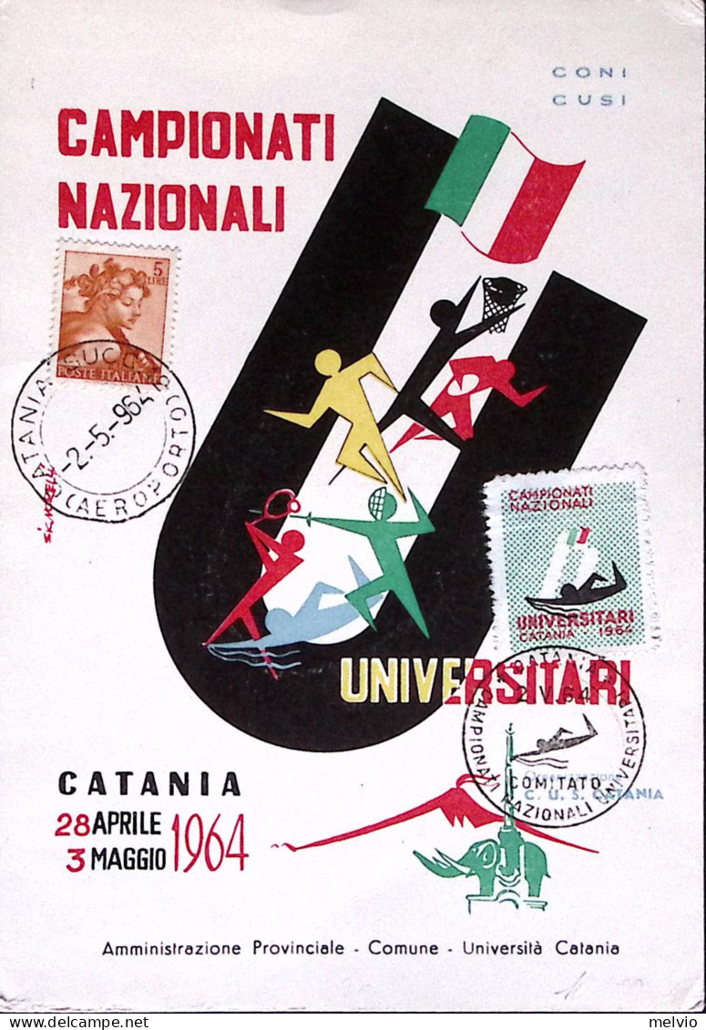 1954-CATANIA Campionati Universitari Annullo Speciale (2.5) Su Cartolina - Manifestations