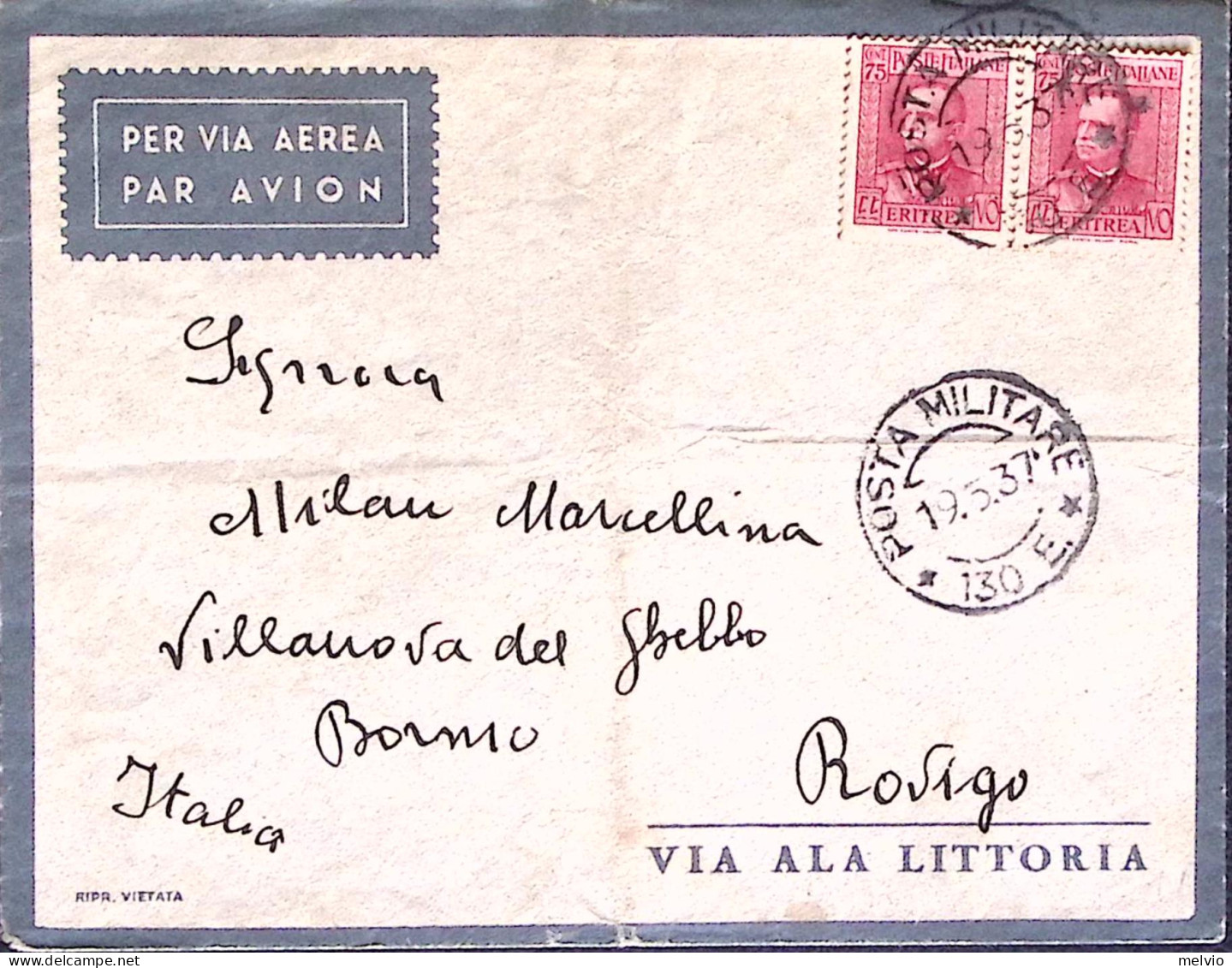 1937-Posta Militare/130 E C.2 (19.6) Su Busta Via Aerea Affrancata Eritrea Coppi - Eritrea