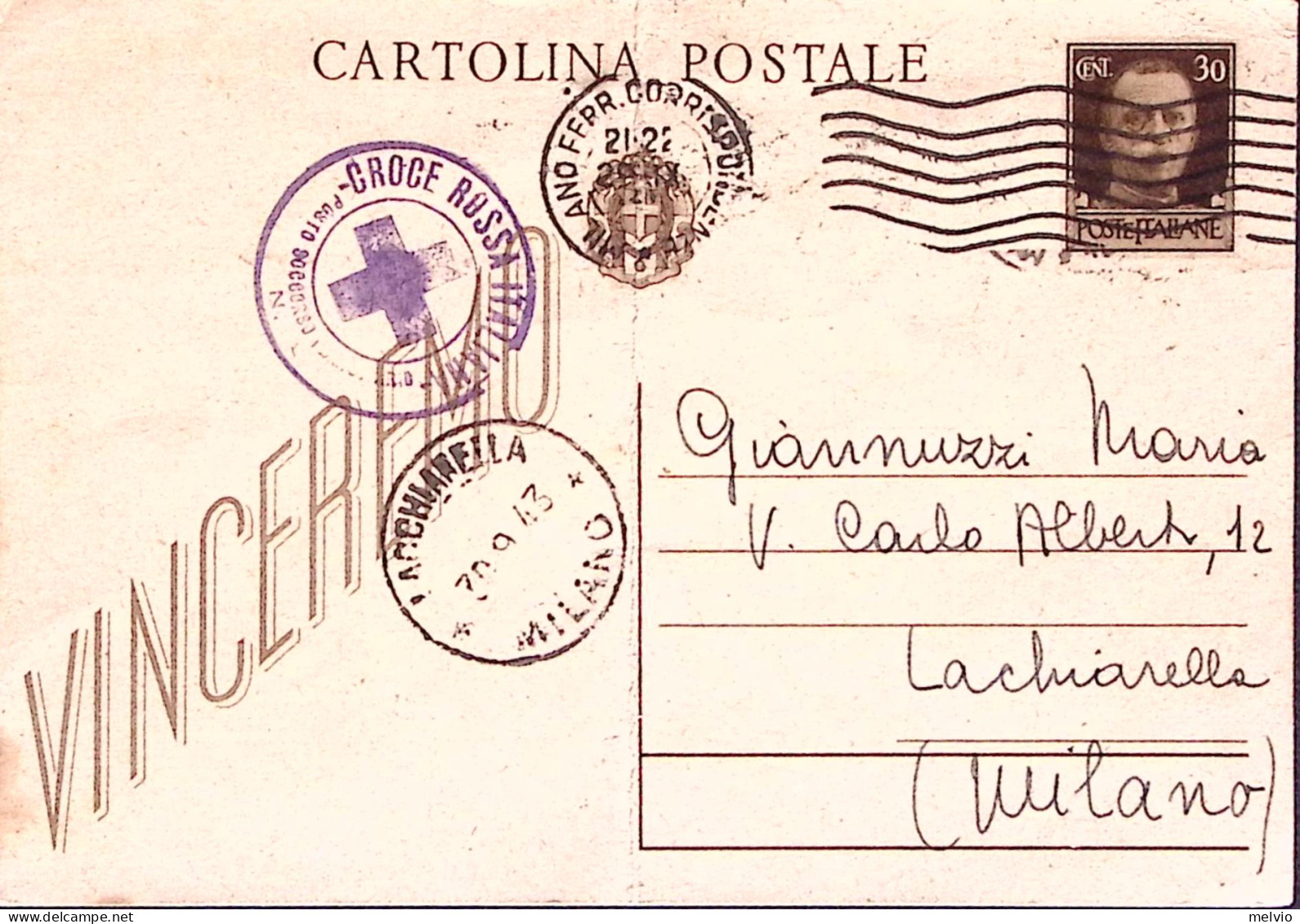 1943-CROCE ROSSA CREMONA Tondo Su Cartolina Postale Vinceremo C.30 Cremona (21.9 - Red Cross