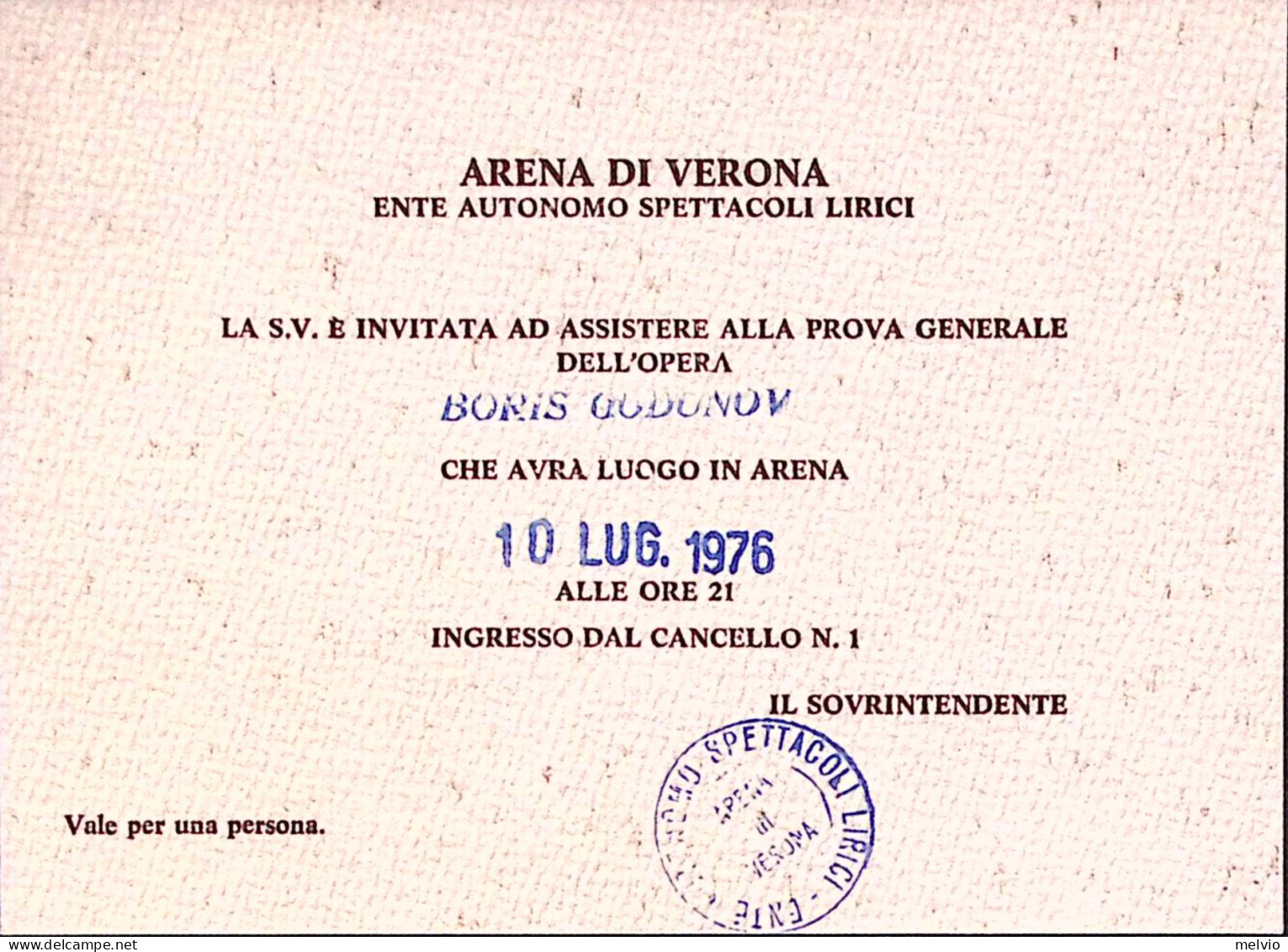 1976-VERONA Arena Biglietto.invito Alle Prove Dell'Opera Boris Gudunov - Musique