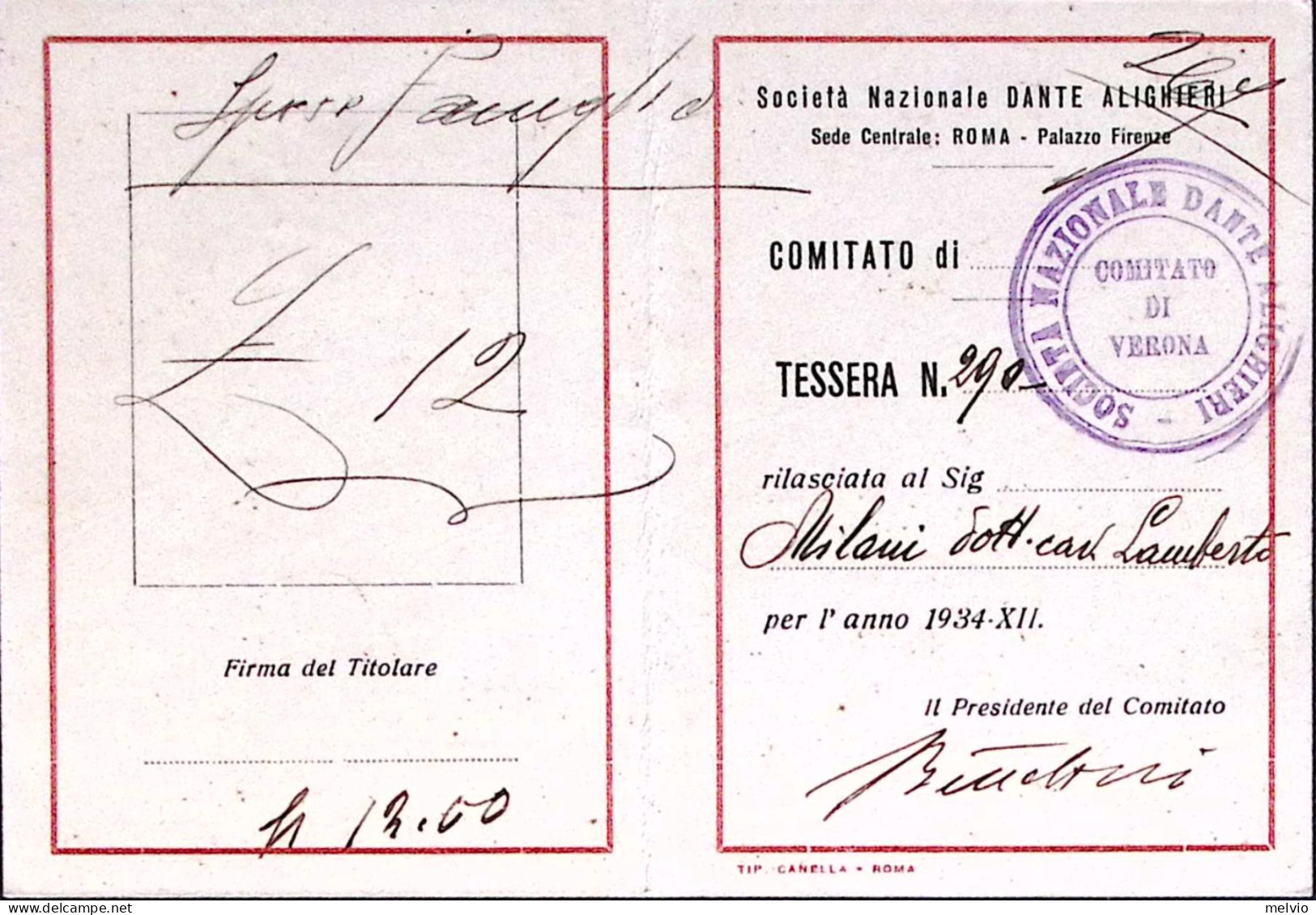 1950-SOC. DANTE ALIGHIERI Tessera Iscrizione Senza Fotografia - Membership Cards