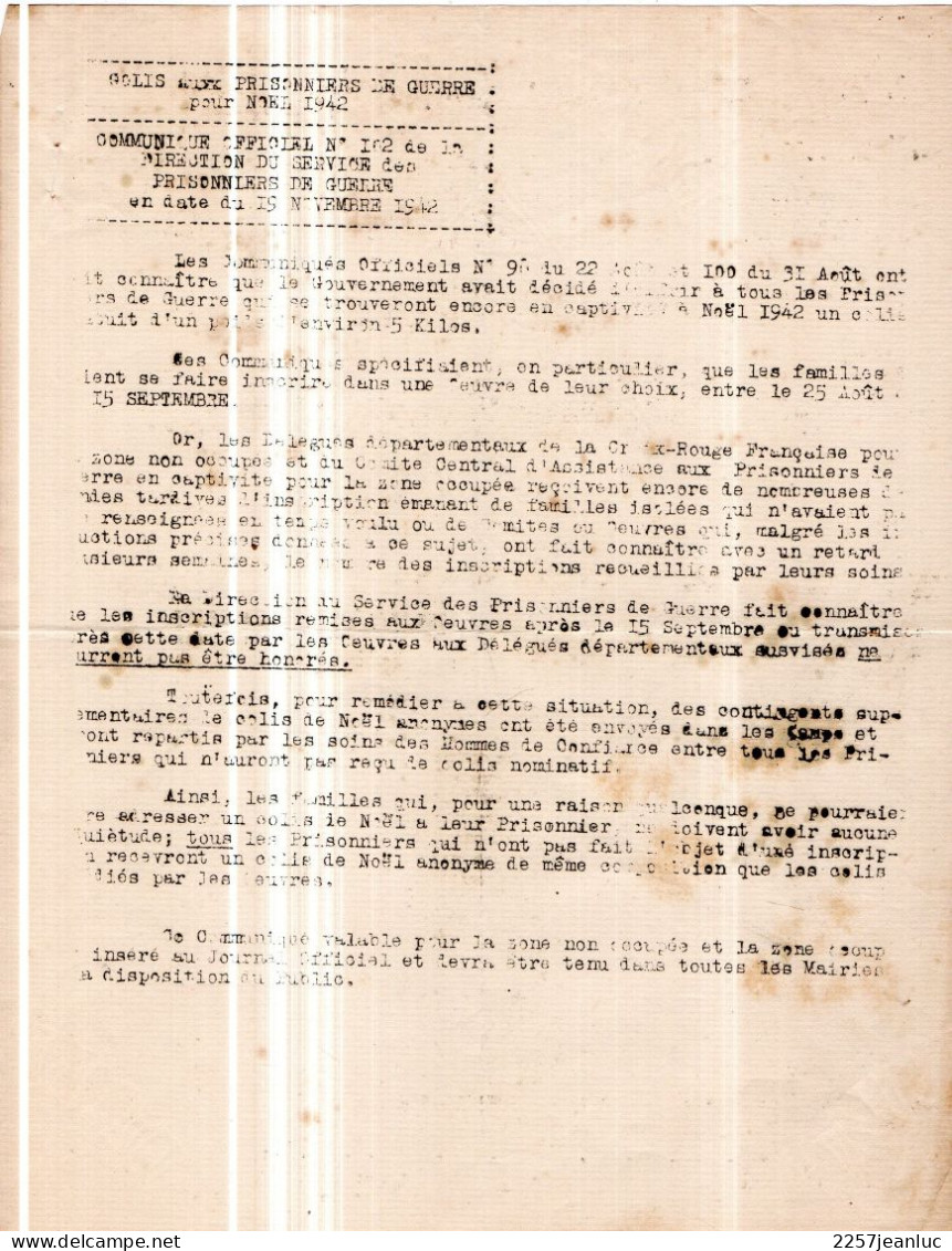 Communiqué Officiel N: 102 De La Direction Des  Prisonniers De Guerre Pour Noêl  En Date Du 19 Novembre 1942 - Décrets & Lois