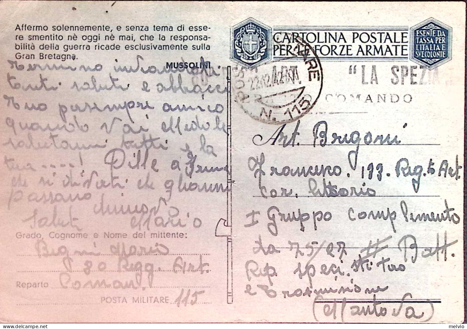 1942-Posta Militare /n.115 C.2 (22.12 Libia) Su Cartolina Franchigia - Libye