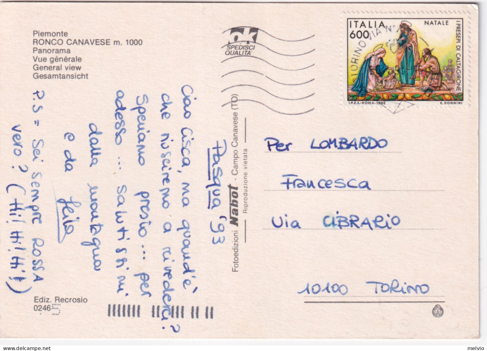 1993-RONCO CANAVESE Panorama Viaggiata Affrancata NATALE'92 Lire 600 I Presepi D - Otros & Sin Clasificación