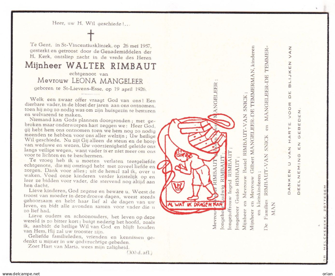 DP Walter Rimbaut 31j. ° Sint-Lievens-Esse Herzele 1926 † Gent 1957 X Leona Mangeleer // Van Snick De Temmerman - Devotion Images