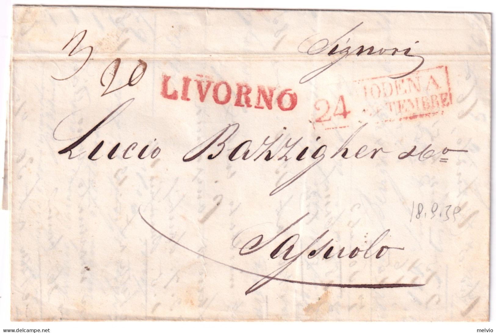 1832-LIVORNO SD In Rosso Arrivo Su Lettera Completa Testo Da TORINO (18.9) - ...-1850 Préphilatélie