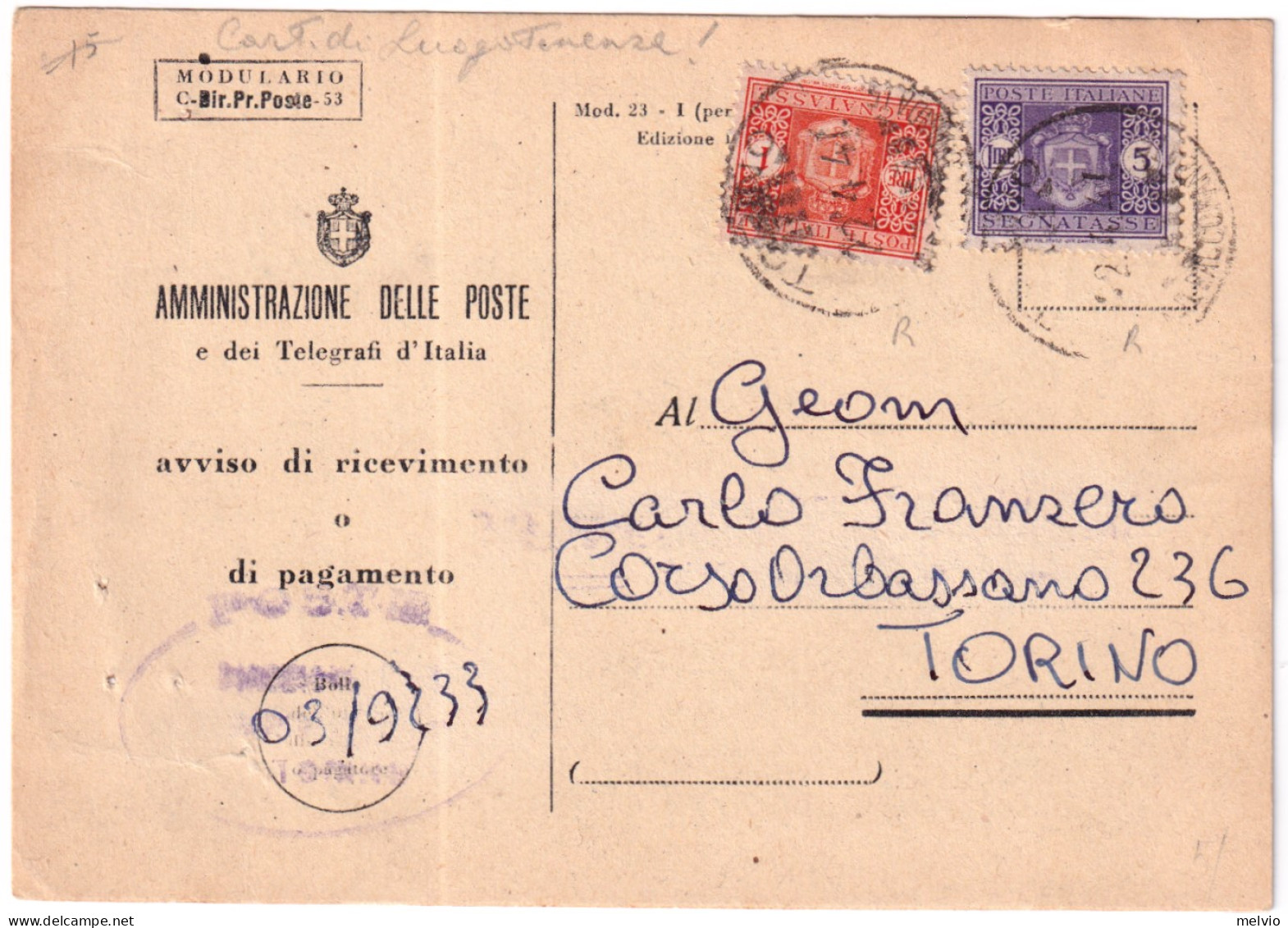 1947-SEGNATASSE Lire 5 E 10 Su Avviso Ricevimento (modello 53 Con Stemma Luogote - Marcophilie