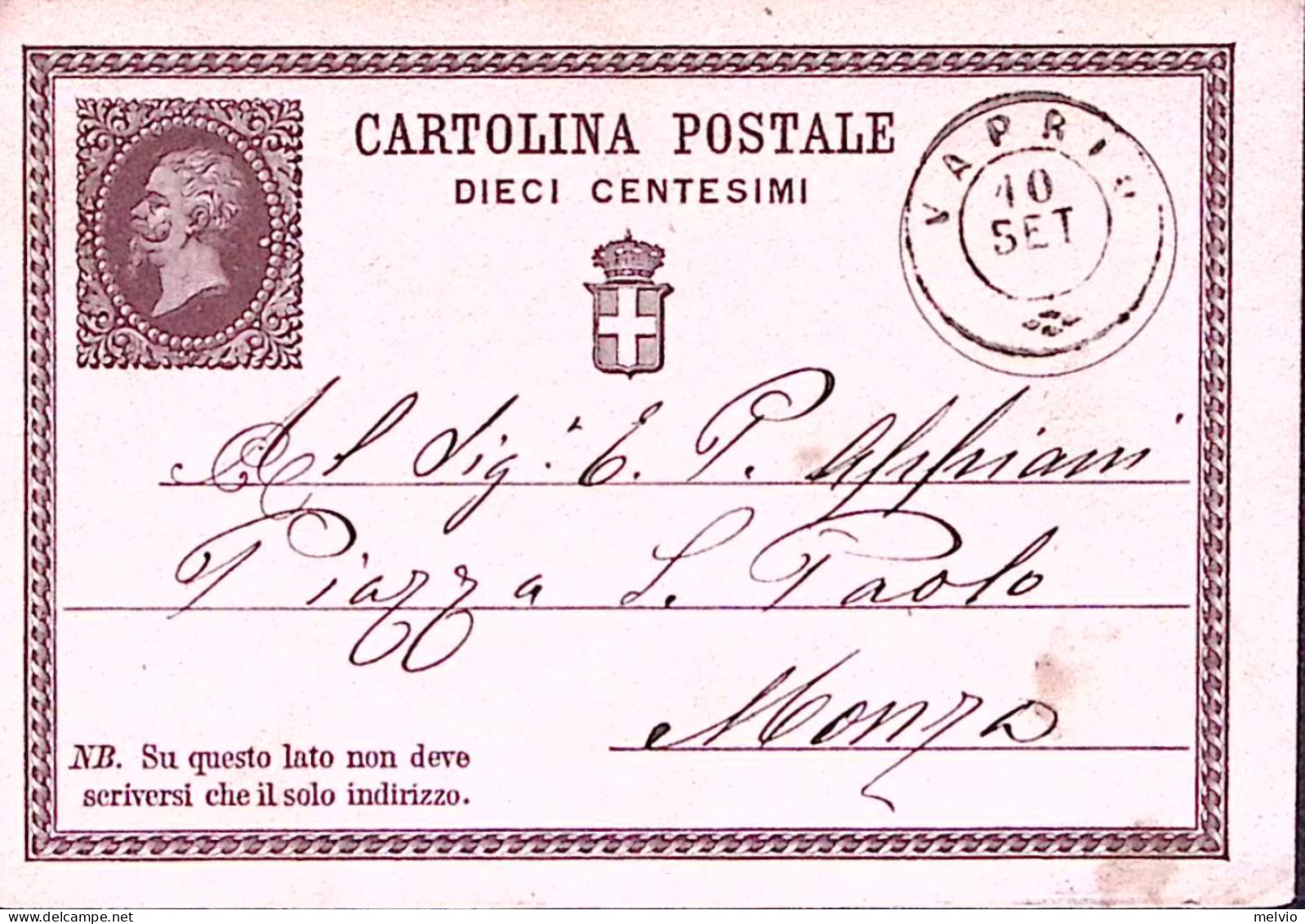 1875-VAPRIO C.2 (10.9) Su Cartolina Postale Effigie C.10 - Entiers Postaux