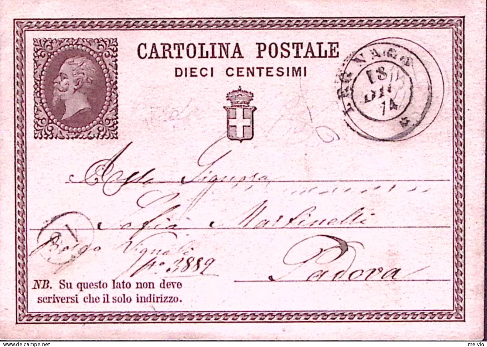 1874-LEGNAGO C.2 (15.12) Su Cartolina Postale Effigie C.10 - Entiers Postaux
