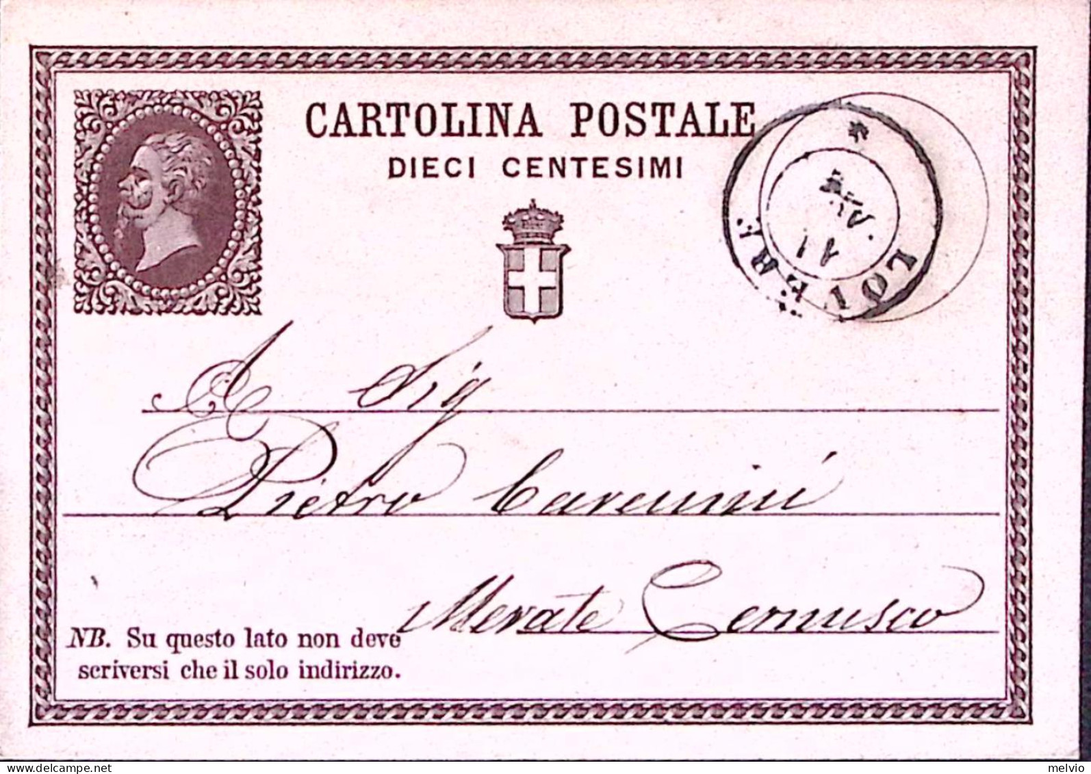 1875-LOVERE C.2 (14.8) Su Cartolina Postale Effigie C.10 - Ganzsachen