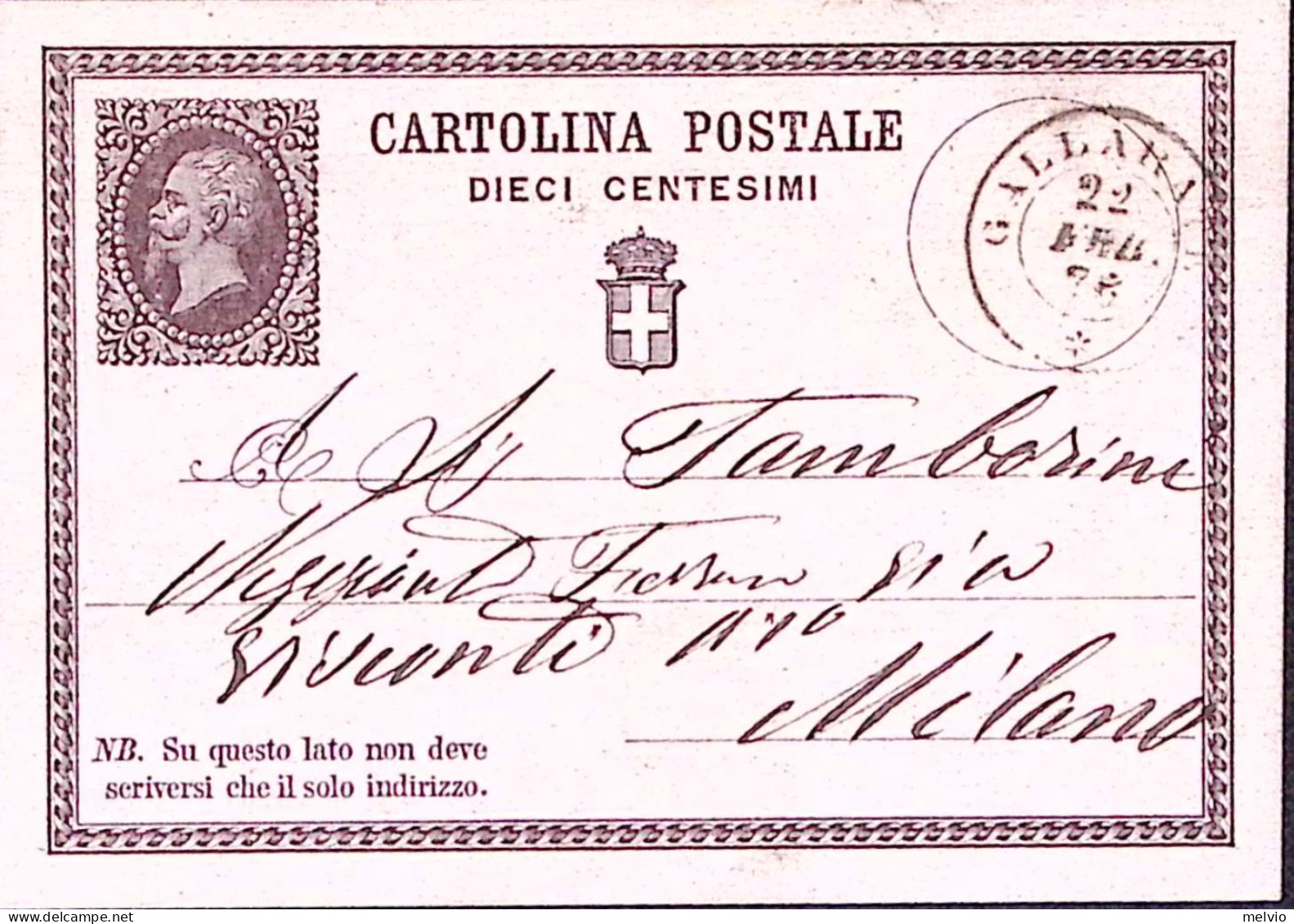 1876-GALLARATE C.2 (22.3) Su Cartolina Postale Effigie C.10 - Ganzsachen