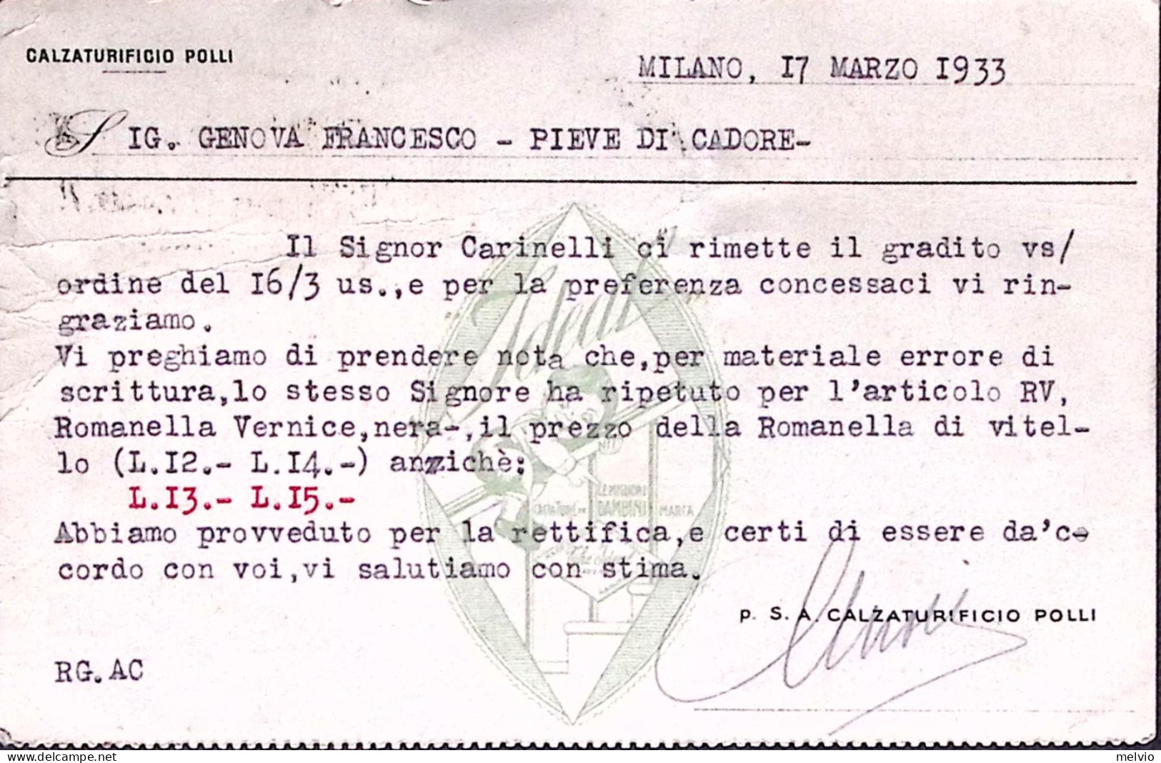 1933-MILANO Calzaturificio Polli Cartolina Con Intestazione A Stampa (17.3) Affr - Milano (Milan)