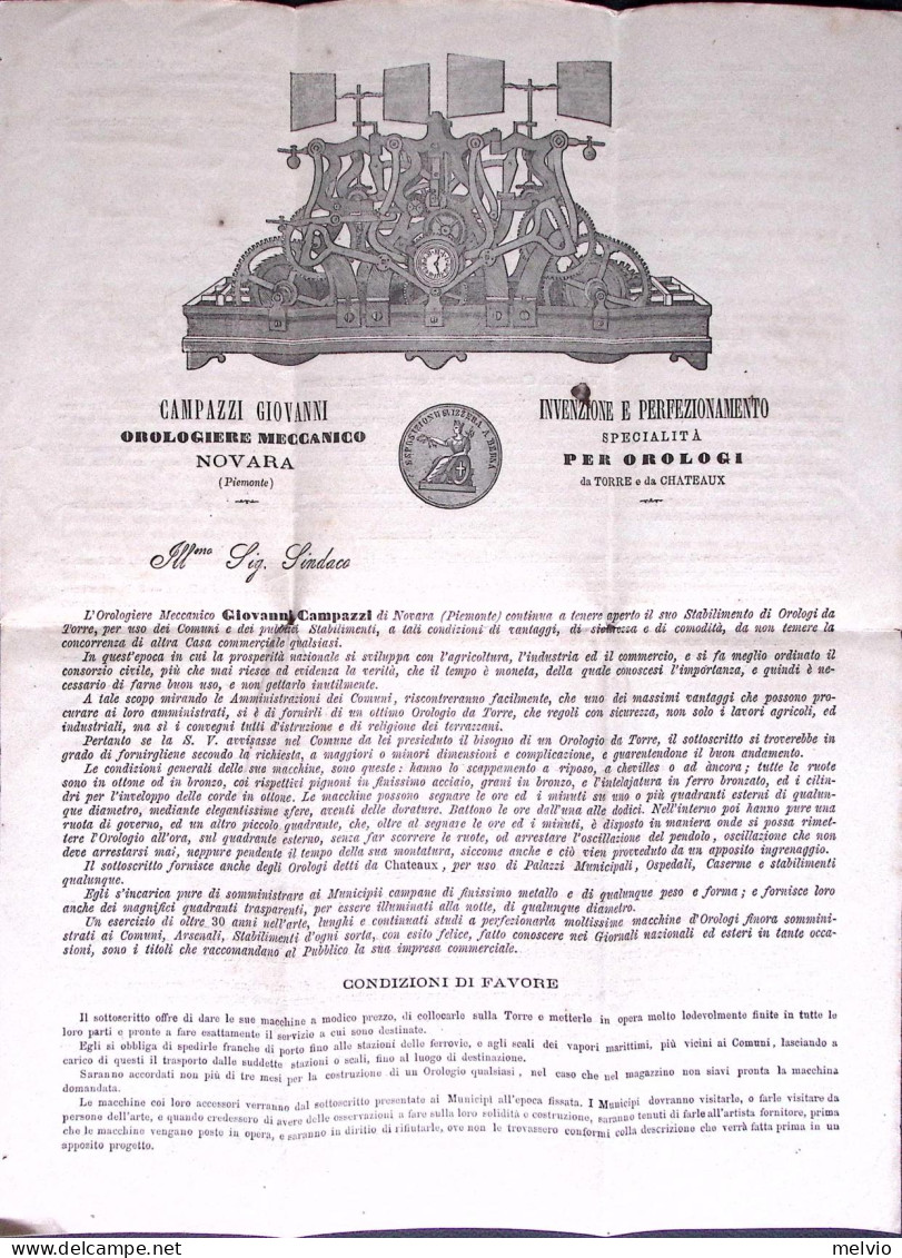 1873-NOVARA Lampazza Giovanni Orologiere Meccanico Circolare A Stampa Con Intest - Publicités
