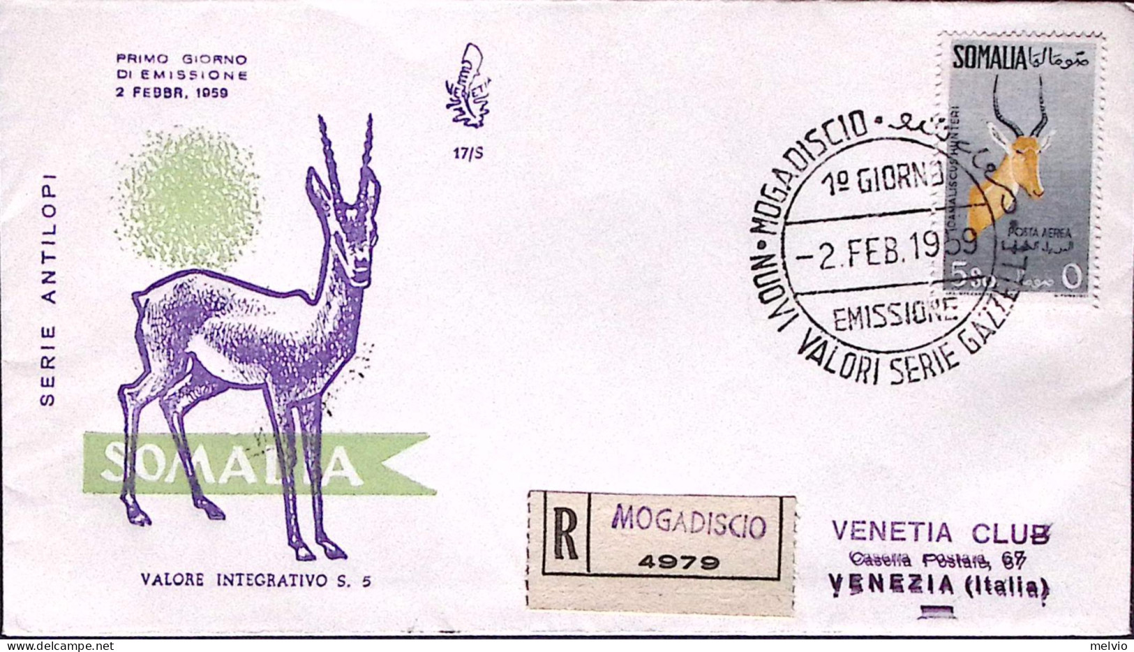1959-SOMALIA A.F.I.S. PA Animali S.5 Su Fdc Venetia Raccomandata - Somalia (AFIS)