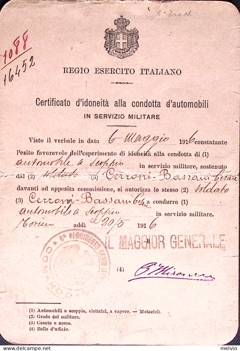 1916-PATENTE AUTOMOBILISTICA Servizio Militare Rilasciata A Torino Il 20.5 - Documents