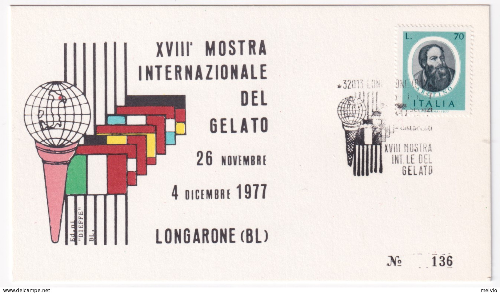 1977-LONGARONE XVIII^MOSTRA DEL GELATO (30.11) Annullo Speciale Su Cartolina - 1971-80: Marcophilia
