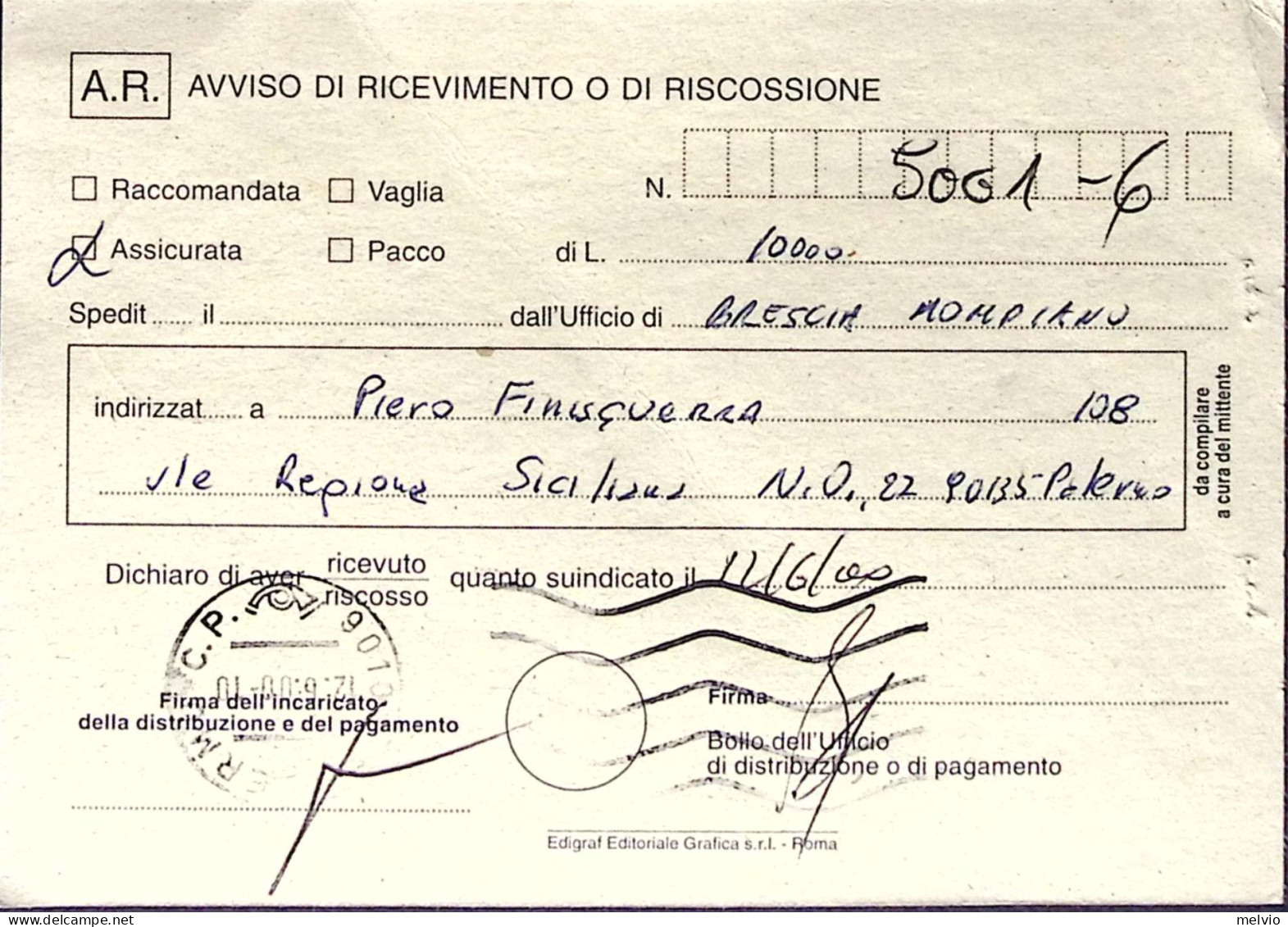 1999-Morte Giuseppe Parini Lire 800 Isolato Su Avviso Ricevimento - 1991-00: Marcophilia
