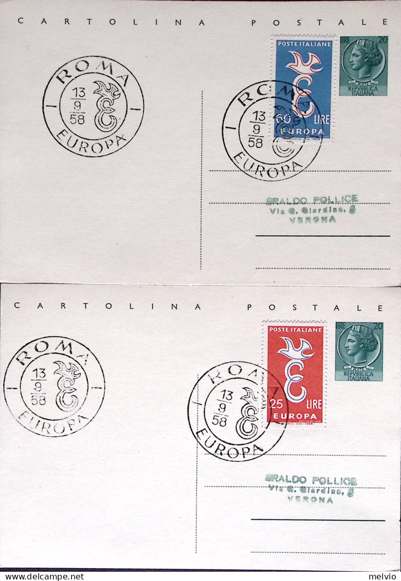 1958-EUROPA'58 Serie Completa Su Due Cartoline Postali Lire 20 Fdc - FDC