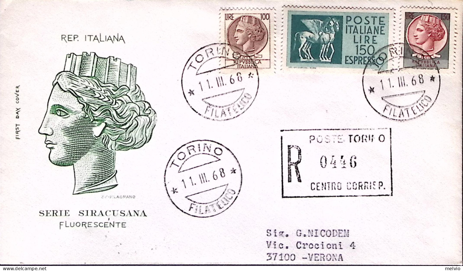 1968-Siracusana Vignetta Piccola Lire 100 E 130 + Espresso Lire 150 Su Fdc Racco - FDC