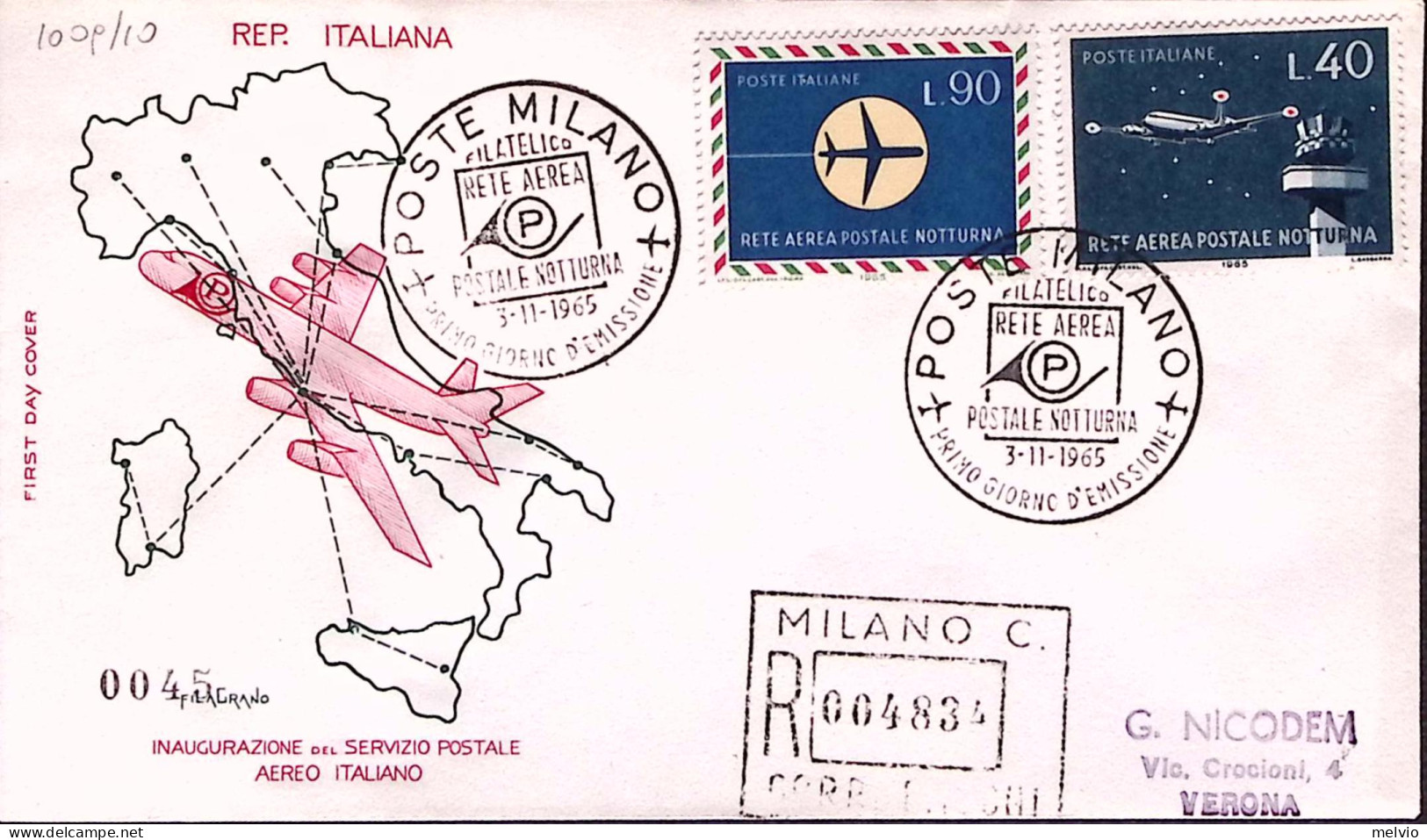 1965-Volo Postale Notturno Serie Completa Su Fdc Raccomandata - Airmail