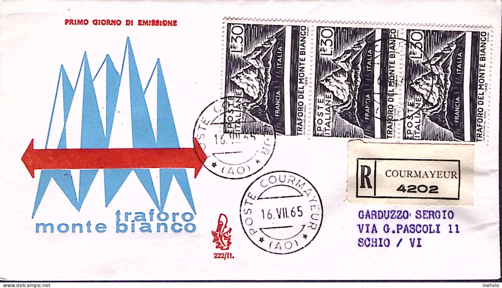 1965-TRAFORO MONTE BIANCO Striscia Di Tre Su Fdc Venetia Raccomandata - FDC