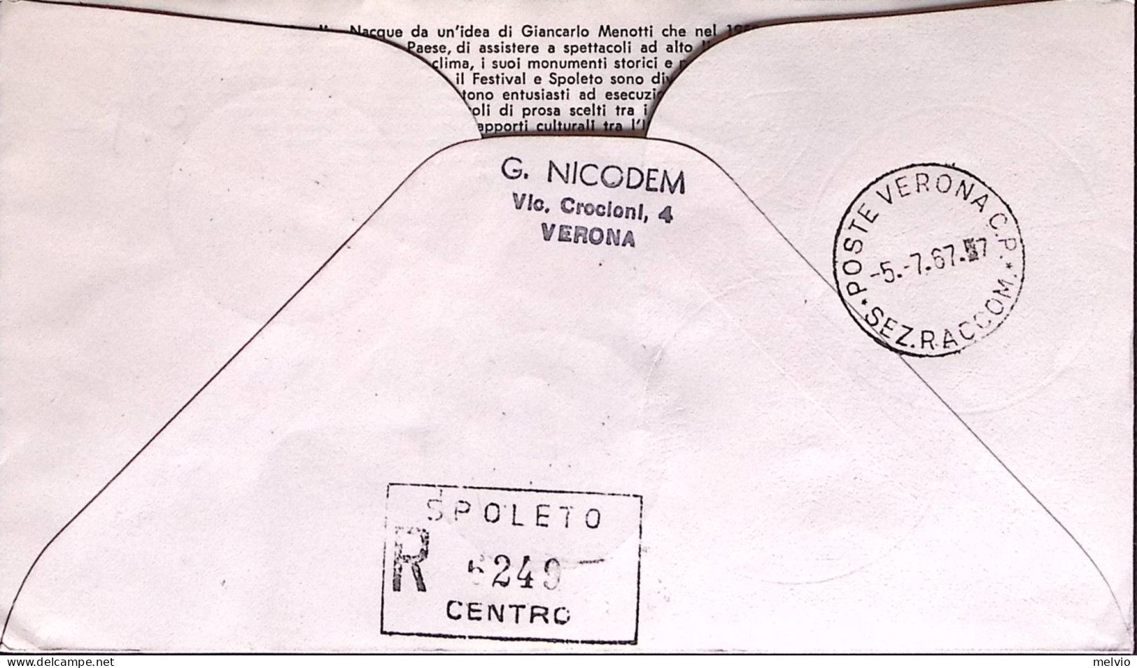 1967-FESTIVAL SPOLETO Coppia Lire 20 E Tre Lire 40 Su Fdc Raccomandata - FDC