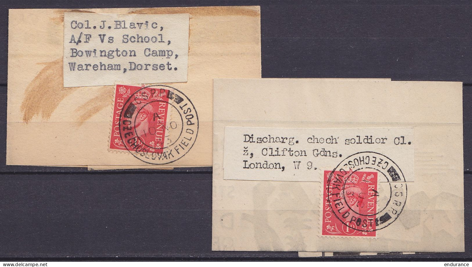 Lot 2 Bandes Journaux Affr. 1d Càd "C.S.P.P. / 1943 / CZECHOSLOVAK FIELD POST" Pour WAREHAM & LONDON - Postmark Collection