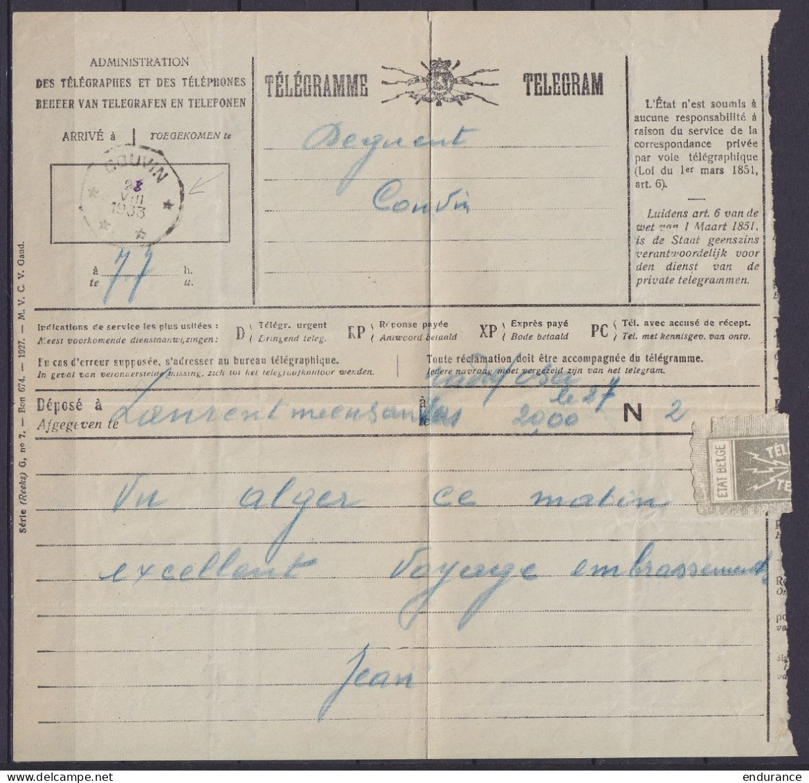 Télégramme Déposé à ??? Pour Et Càd Hexagon. COUVIN /28 VIII 1933 - Telegraph [TG]