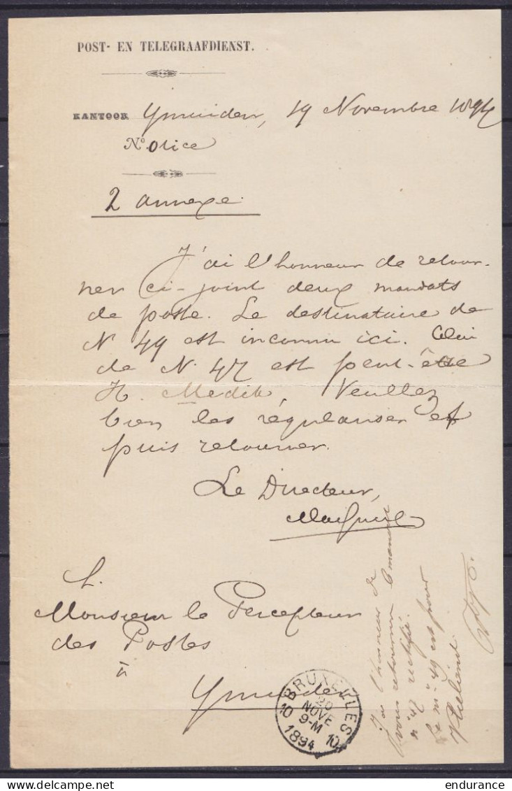 Note De Service Du Directeur De La Poste Pour Percepteur De ??? - Càd "BRUXELLES 10 /20 NOV 1894" (RR !) - Otros & Sin Clasificación