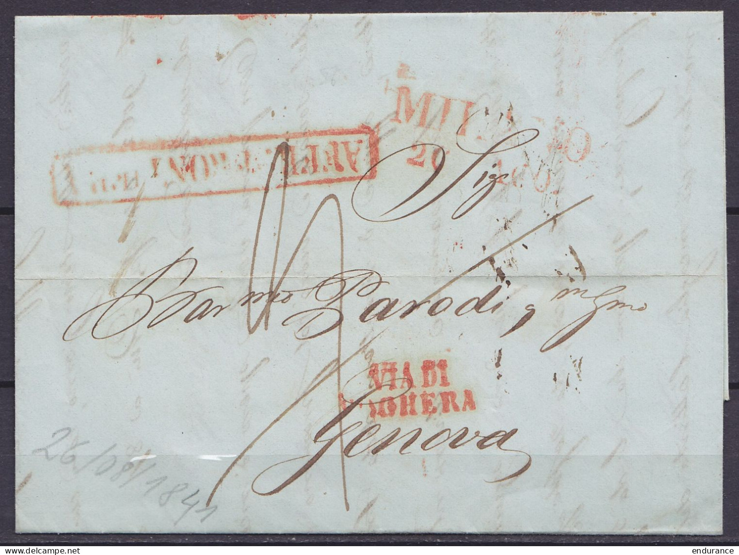 Italie - L. Datée 26 Août 1841 De MILANO Pour GENOVA - Griffe Date "MILANO /26 AGO." & Griffe [AFFR. FRONT…] - 1. ...-1850 Prephilately