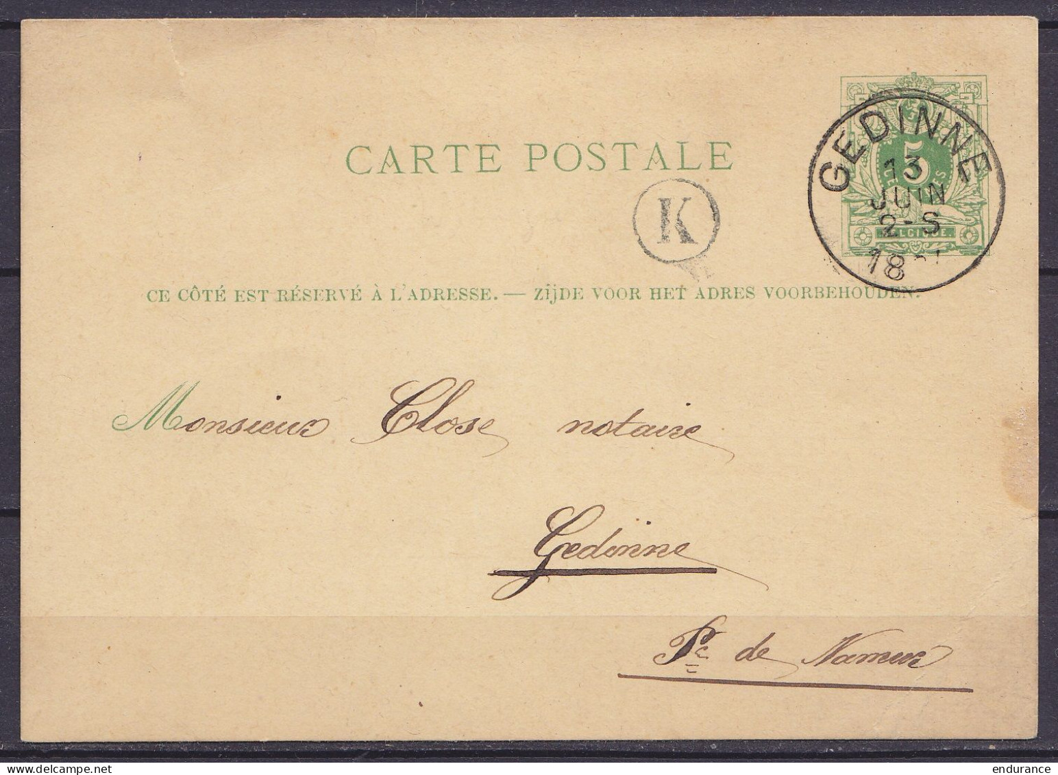 EP CP 5c (N°45) De WILLERZEE Càd GEDINNE /13 JUIN 1884 Pour E/V - Boîte "K" (légère Déchirure Coin Supérieur Gauche) - Cartes Postales 1871-1909