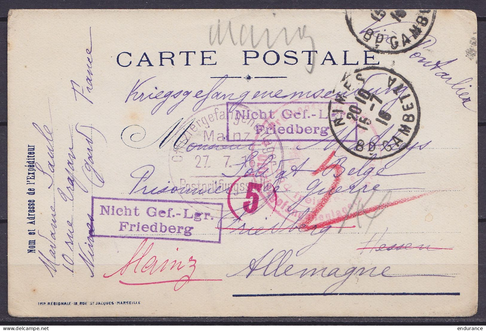 Carte (Kriegsgefangenensendung) Càd NIMES /15-7-1916 Pour Prisonnier (officier) à FRIEDBERG (Hessen) Réexpédiée à MAINZ  - WW I