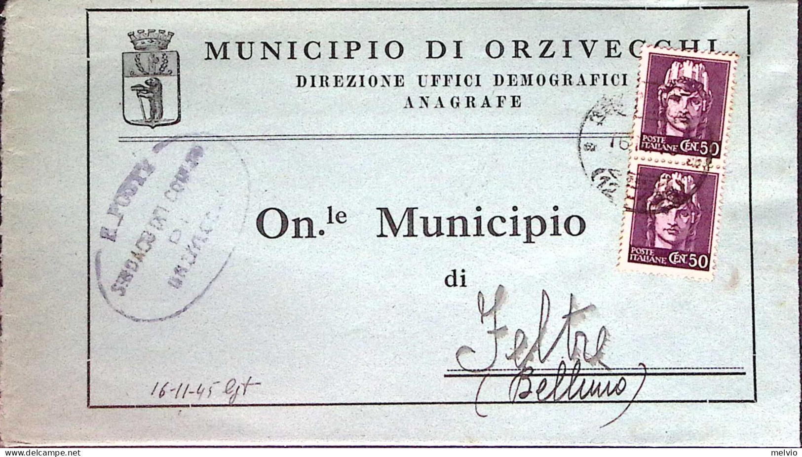 1945-IMPERIALE S.F. Coppia C.50 Su Piego Orzivecchi (16.11) - Marcophilia