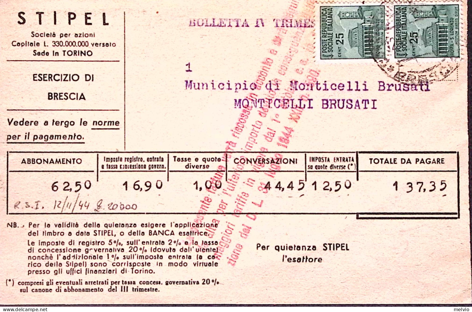 1944-MONUMENTI Coppia C.25 Su Bolletta Telefonica - Poststempel