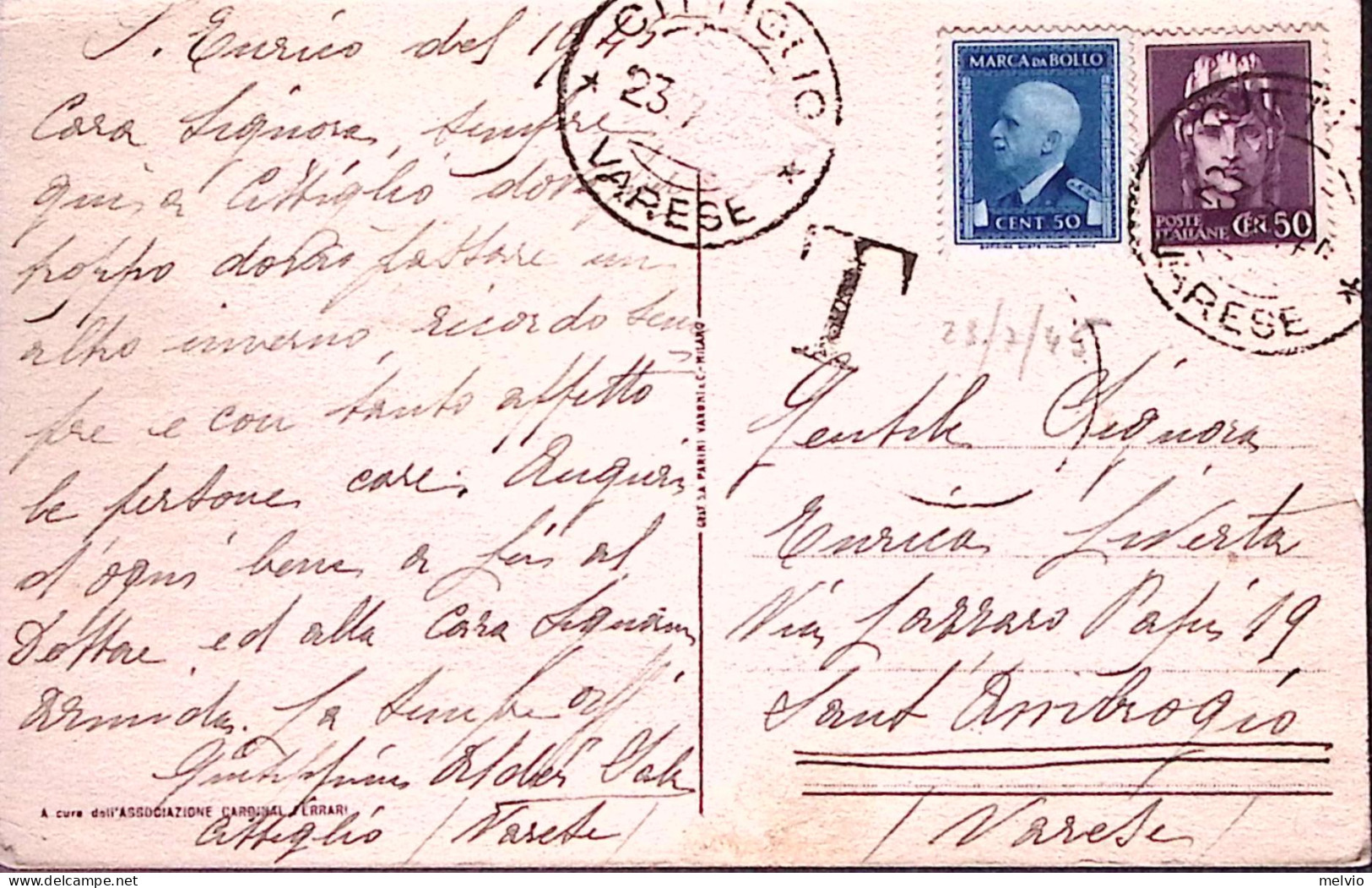 1945-MARCHE Da BOLLO C.50 + IMPERIALE S.F. C.50 Su Cartolina Con Segno Di Tassaz - Marcophilie