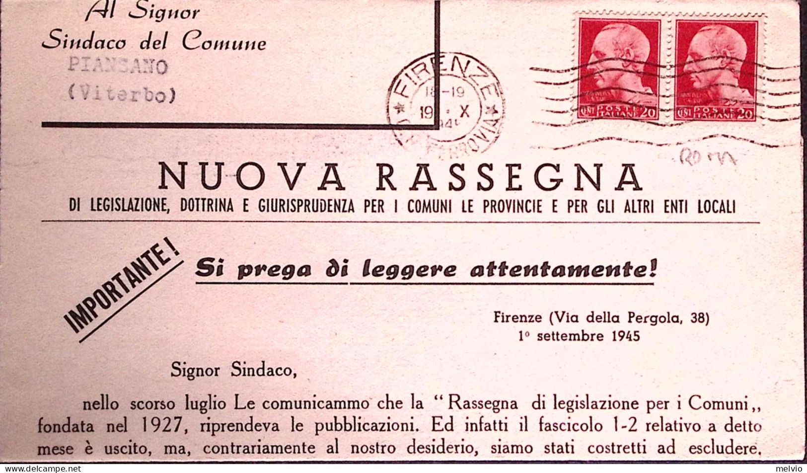 1945-IMPERIALE S.F. Coppia C.20 Su Stame Firenze (19.10) - Marcophilie